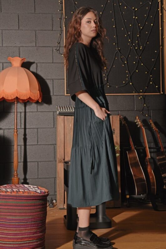 Cooper - Pleating Moments Dress - Ink Pinstripe - Image 3