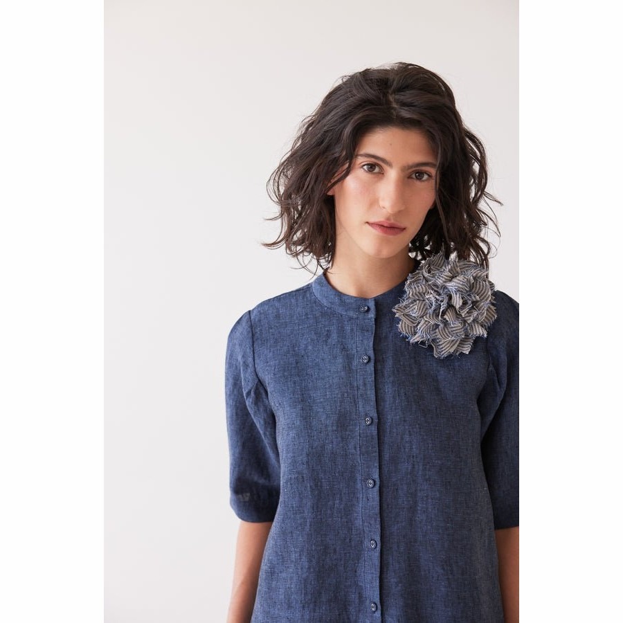 Eva's Sunday - Fabric Flower Brooch - Chambray Stripe
