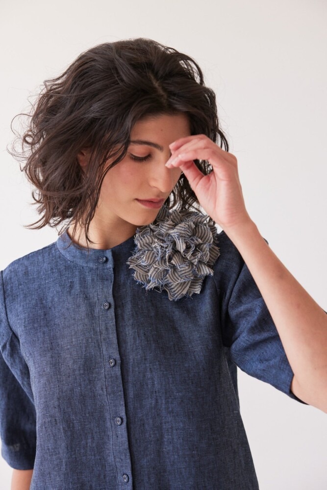 Eva's Sunday - Fabric Flower Brooch - Chambray Stripe - Image 4